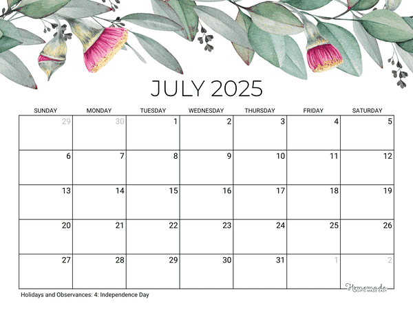 July Calendar 2025 Printable Eucalyptus
