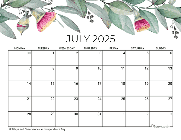 July Calendar 2025 Printable Eucalyptus Monday Start