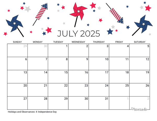 July Calendar 2025 Printable Fourth July Landscape