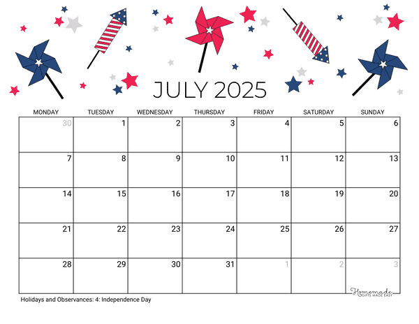 July Calendar 2025 Printable Fourth July Landscape Monday Start