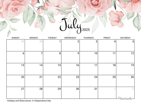 July Calendar 2025 Printable Rose