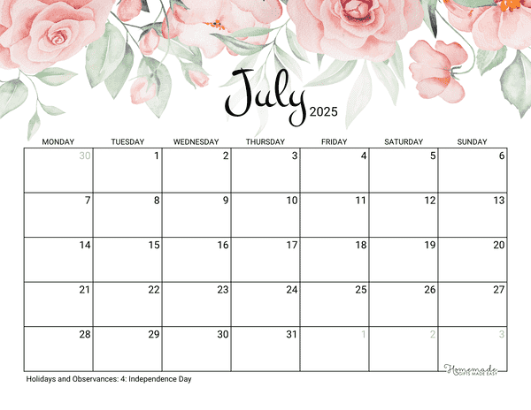 July Calendar 2025 Printable Rose Monday Start