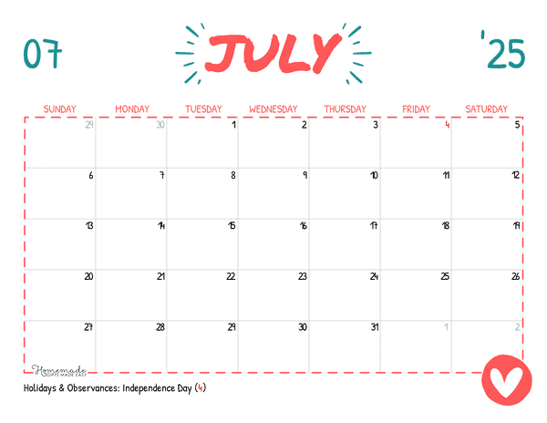 July Calendar 2025 Simple Playful