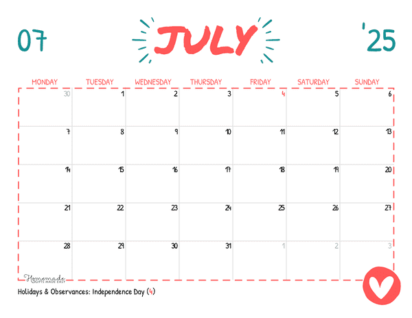 July Calendar 2025 Simple Playful Monday Start