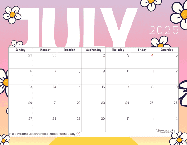 July Calendar 2025 Summertime Sunset