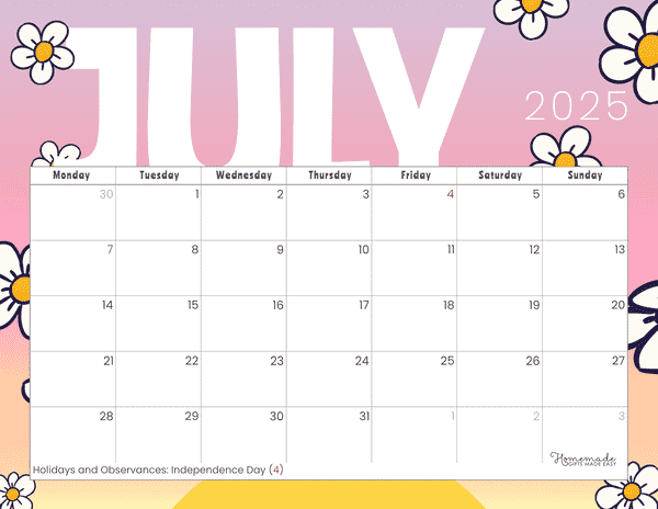 July Calendar 2025 Summertime Sunset Monday Start