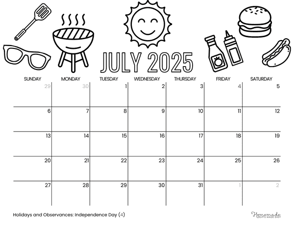 July Calendar 2025 Sunny Barbeque to Color