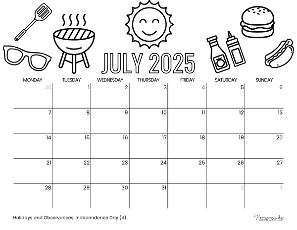 July Calendar 2025 Sunny Barbeque to Color Monday Start