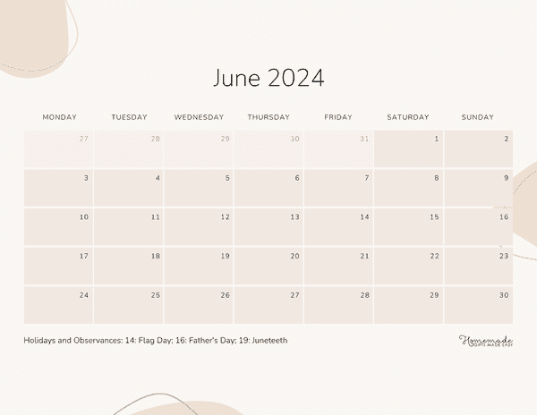 June 2024 Calendars Beige Minimalist Abstract Shapes Monday Start