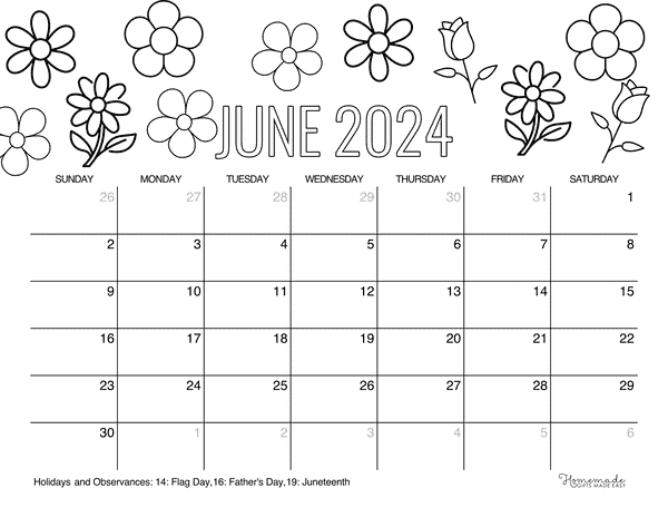 June 2024 Calendars Flowers to Color