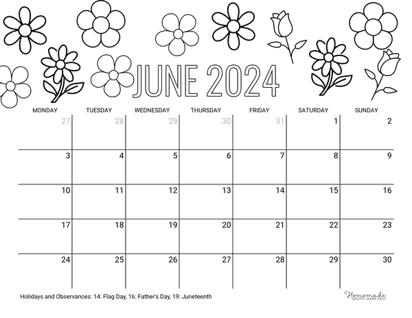 June 2024 Calendars Flowers to Color Monday Start