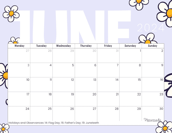 June 2024 Calendars Hippie Style Monday Start