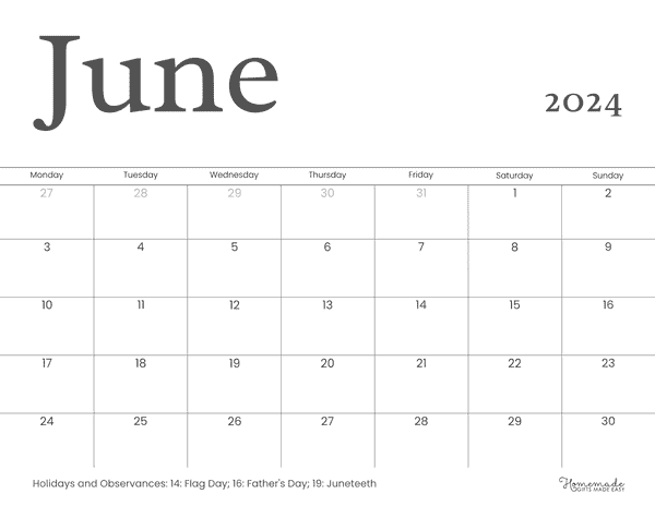 June 2024 Calendars Modern Minimalist Monday Start