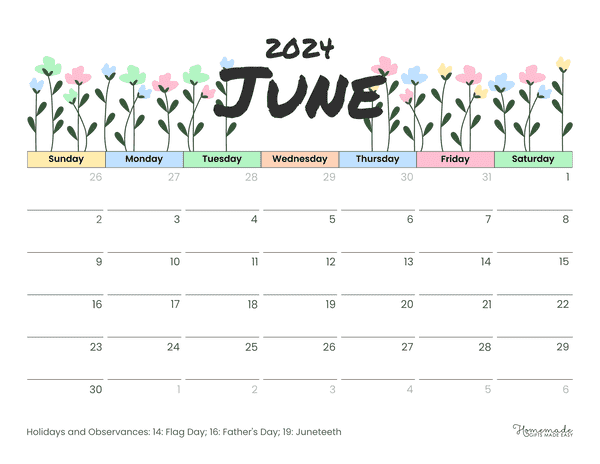 June 2024 Calendars Pastel Flowers Borderless