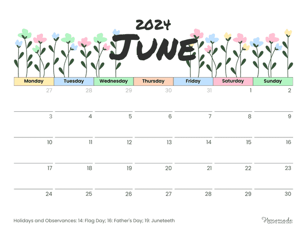 June 2024 Calendars Pastel Flowers Borderless Monday Start