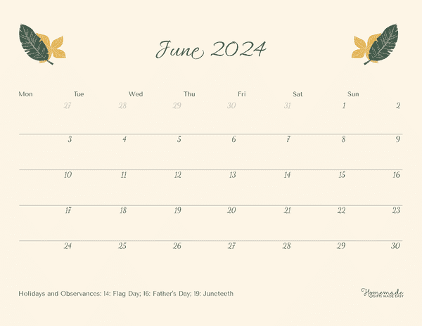 June 2024 Calendars Scrapbook Style Monday Start