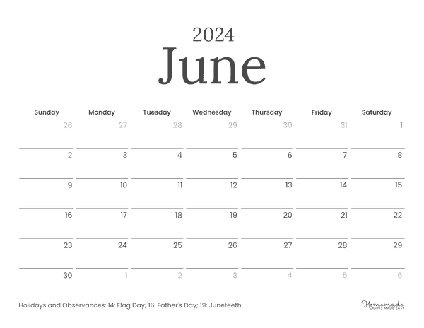 June 2024 Calendars Simple Borderless