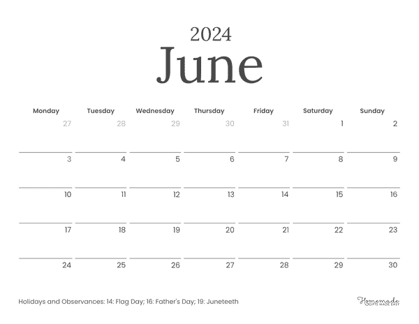June 2024 Calendars Simple Borderless Monday Start