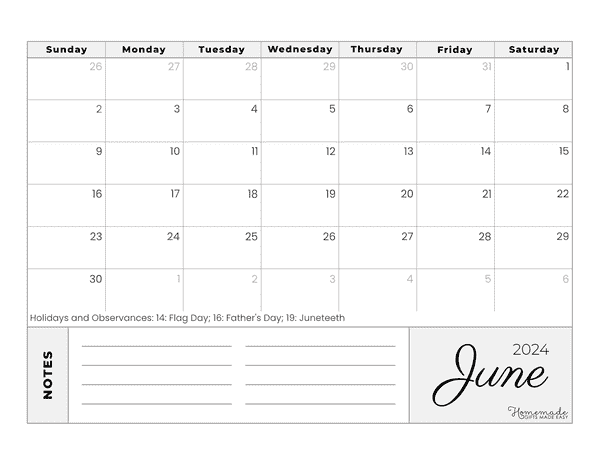 June 2024 Calendars Simple White Gray