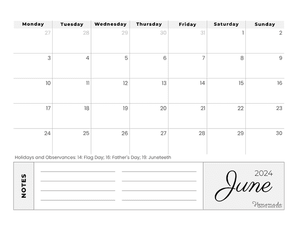 June 2024 Calendars Simple White Gray Monday Start