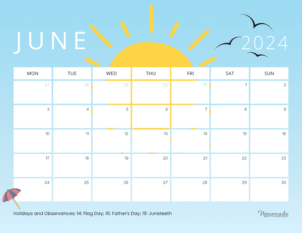 June 2024 Calendars Summer Sun Monday Start