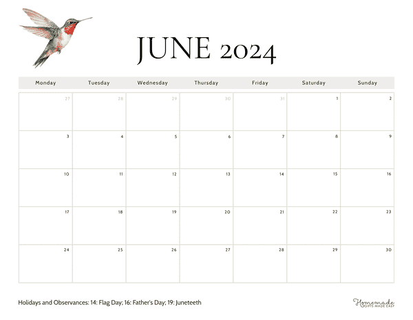 June 2024 Calendars White Elegant Monday Start