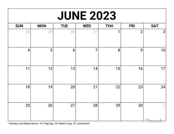 June Calendar 2023 Printable Blank