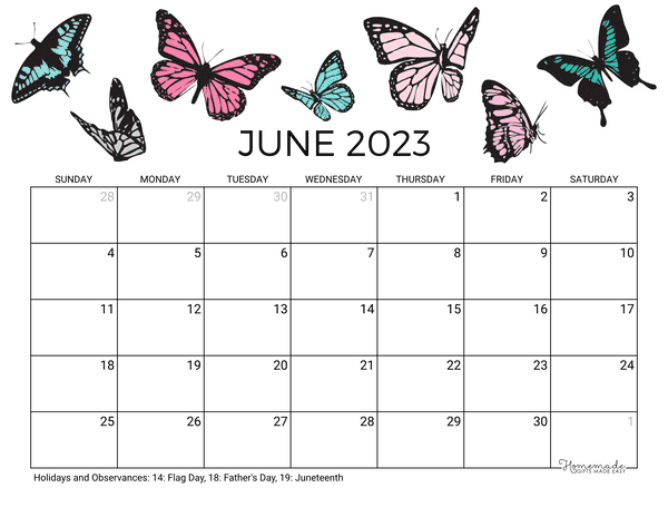 June Calendar 2023 Printable Summer Butterflies Landscape