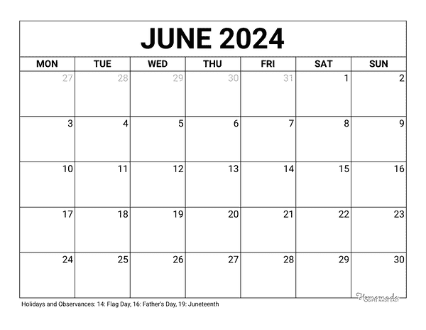 June Calendar 2024 Printable Blank Monday Start