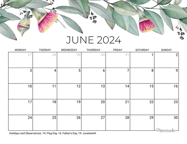 June Calendar 2024 Printable Eucalyptus Monday Start