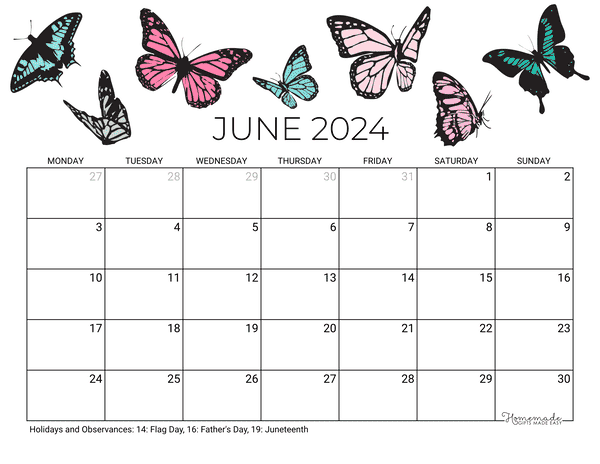 June Calendar 2024 Printable Summer Butterflies Landscape Monday Start