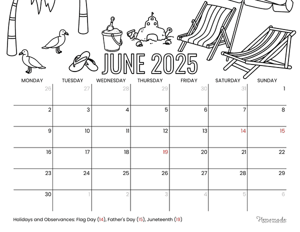 June Calendar 2025 Beach Scene to Color Monday Start