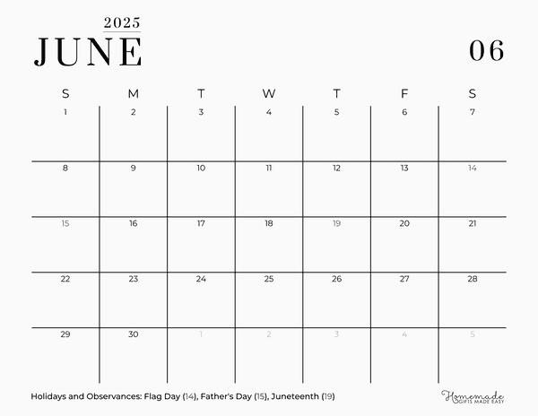 June Calendar 2025 Black and White Minimalist