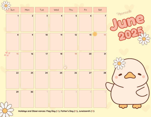 June Calendar 2025 Cute Flowery Duck