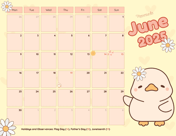 June Calendar 2025 Cute Flowery Duck Monday Start