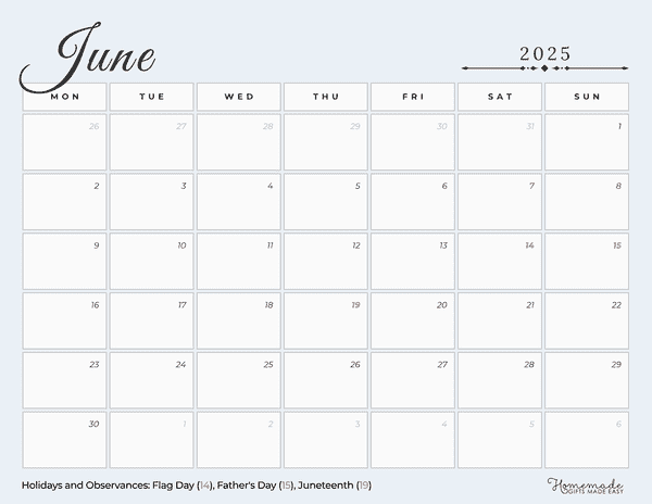 June Calendar 2025 Elegant Slate Blue Minimalist Mon Start