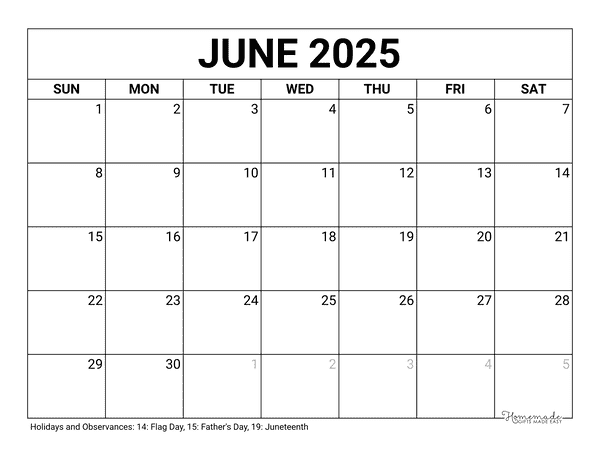 June Calendar 2025 Printable Blank