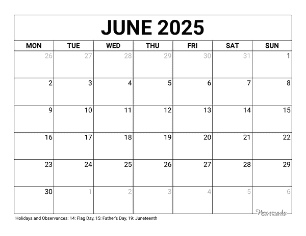 June Calendar 2025 Printable Blank Monday Start