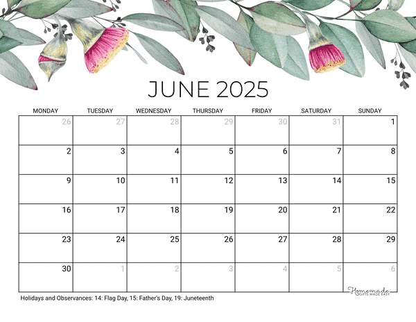 June Calendar 2025 Printable Eucalyptus Monday Start