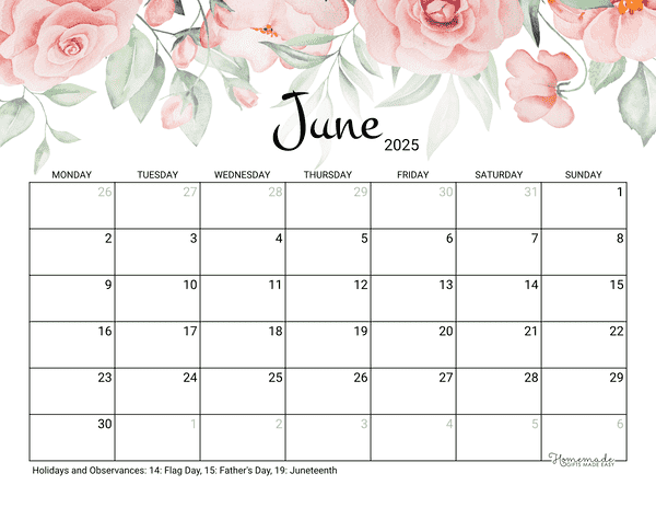June Calendar 2025 Printable Rose Monday Start
