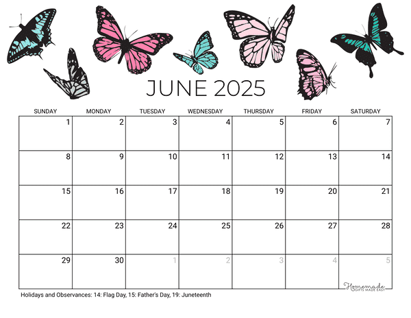 June Calendar 2025 Printable Summer Butterflies Landscape