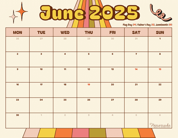 June Calendar 2025 Retro Vibes Monday Start