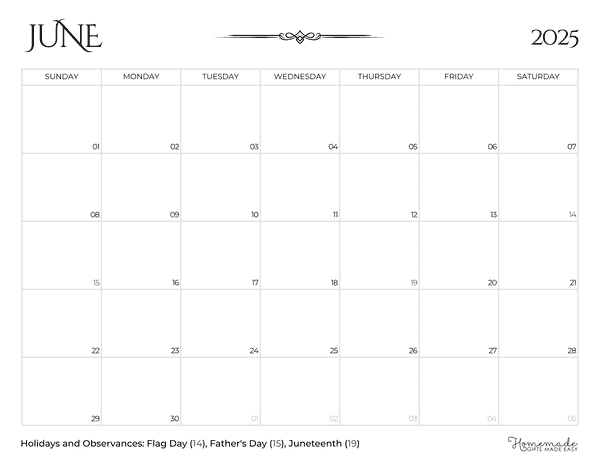 June Calendar 2025 Simple Elegant Medieval