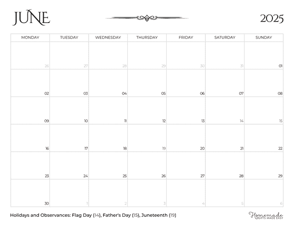 June Calendar 2025 Simple Elegant Medieval Monday Start