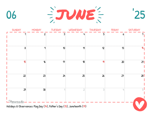 June Calendar 2025 Simple Playful