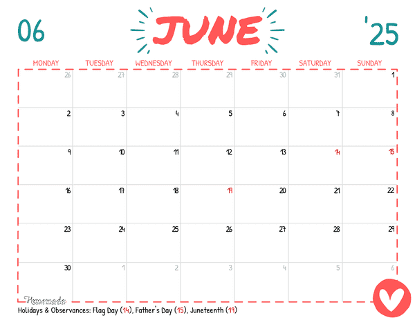 June Calendar 2025 Simple Playful Monday Start