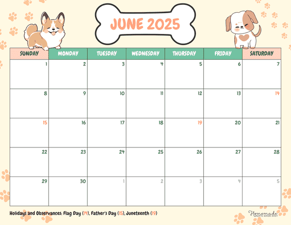 June Calendar 2025 Summer Illustrative Dogs