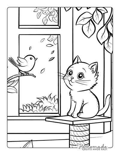 Kitten Coloring Pages Kitten Happily Watching Bird