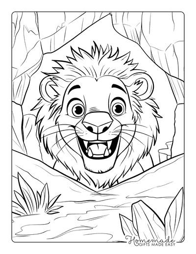 Lion Coloring Pages Cute Happy Lion Exploring Cave