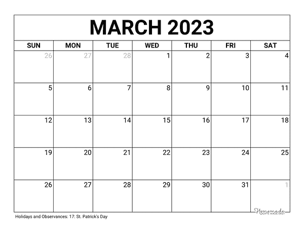 March Calendar 2023 Printable Blank